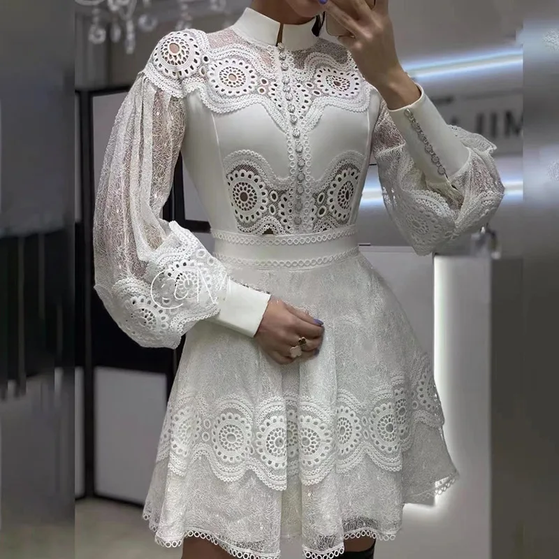 Source Customize Vestidos Casuales Heavy Industry Style A-line Dress Stand Collar Puff Sleeve Lace Hollow Dress on m.alibaba.com