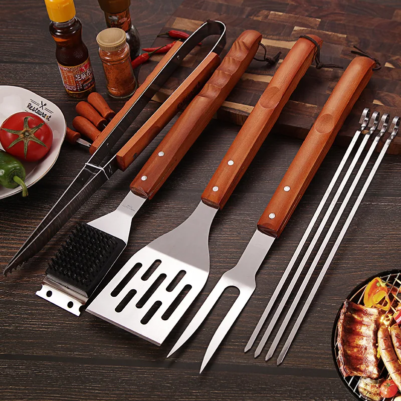 Stainless Steel Custom Bbq Grill Accessories Camping Tool Set With Wood