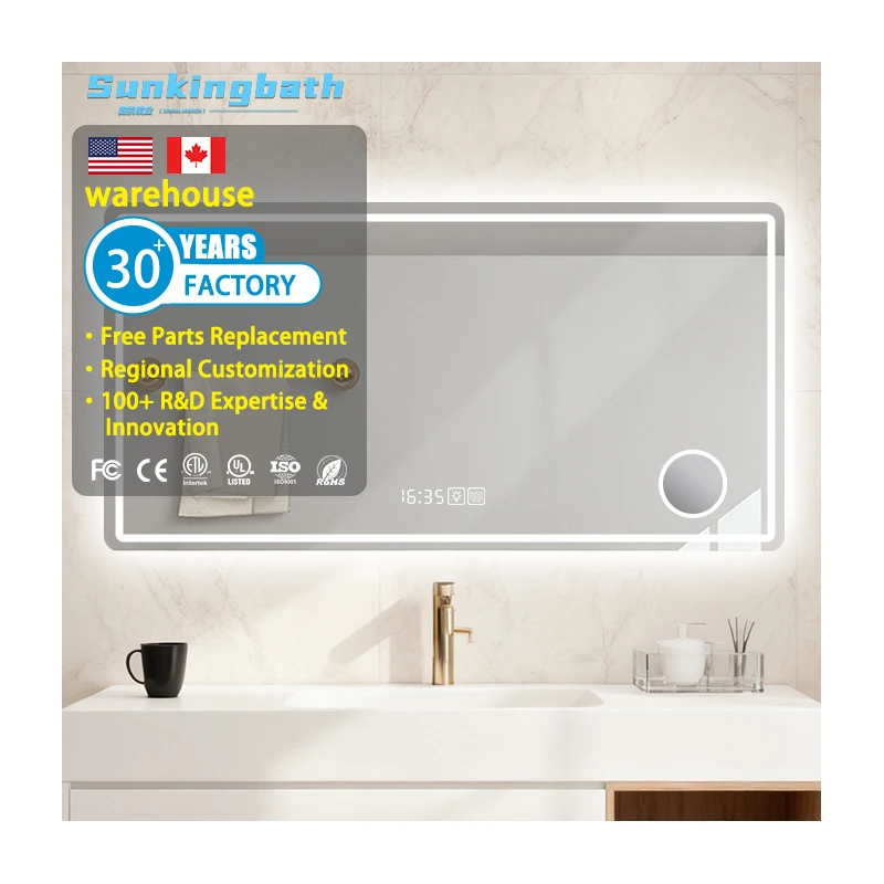 Hotel Rectangle Bathroom Mirror Dimmer Switch Sensing Time Temperature Led Light Mirror Touch Sensor Switch Mirror
