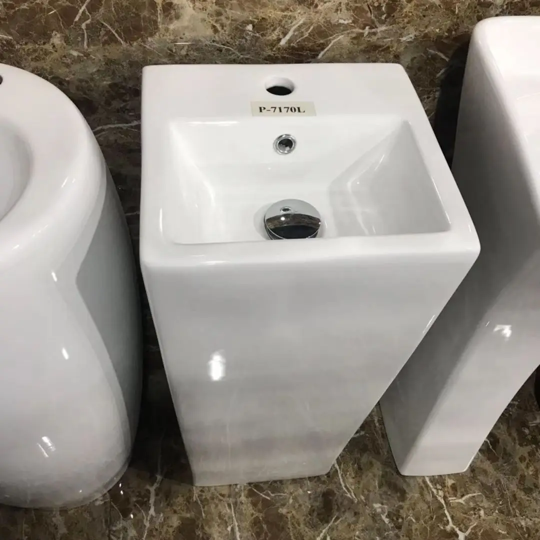 Small Square Ceramic One Piece Full Pedestal Basin Sink For Office Building