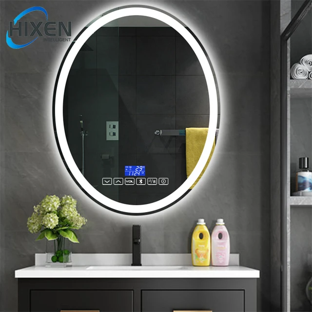 HIXEN 18-27B Certified HQ Mirrors Manufacturer Hotels Fogless Time Display Oval Wall Smart LED Back Light Mirror Bathroom