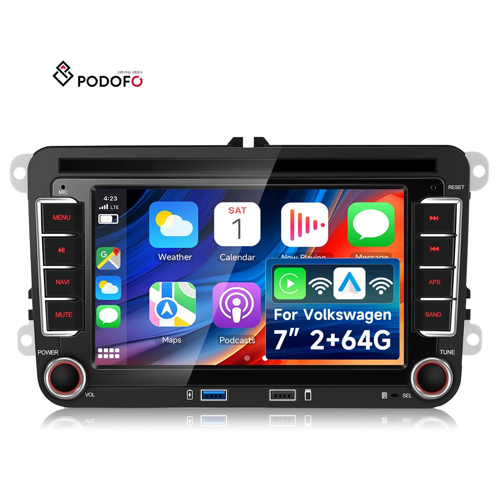 Podofo Double Din 7'' 2+64GB Android Car Radio CarPlay/Android Auto/BT/WiFi/GPS Dual USB for VW/Seat/Skoda/Golf/Polo Car Stereo A4663