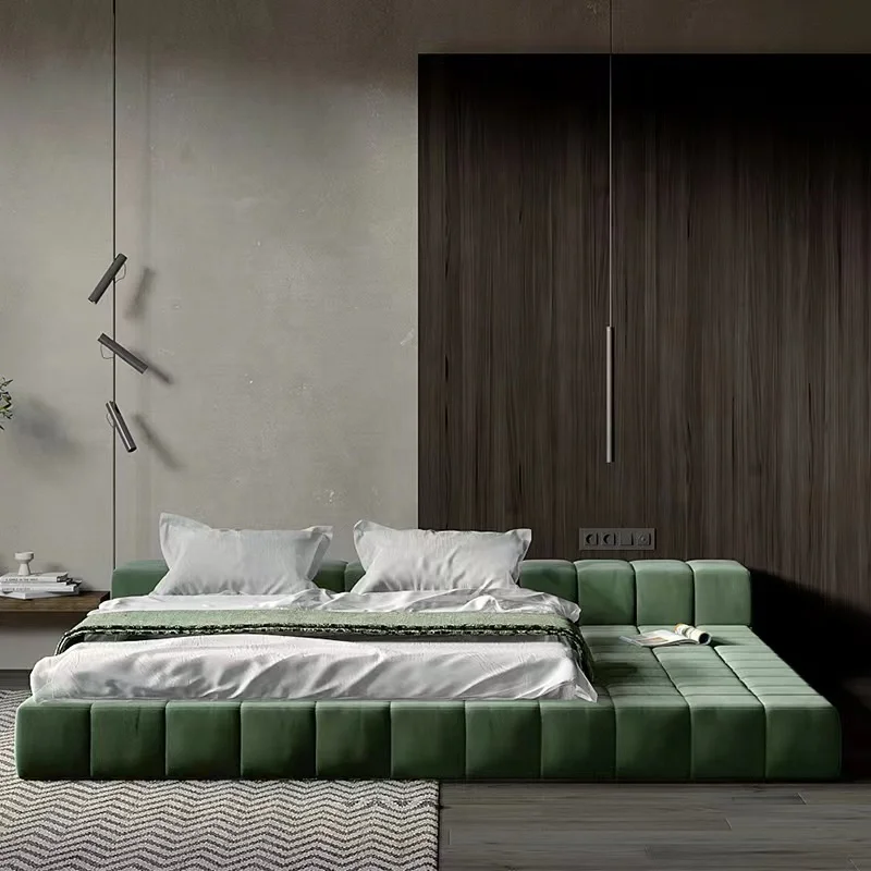 Modern Minimal Customization Bedroom Furniture Wooden Frame Fabric Low Bed Head King Size Soft Beds