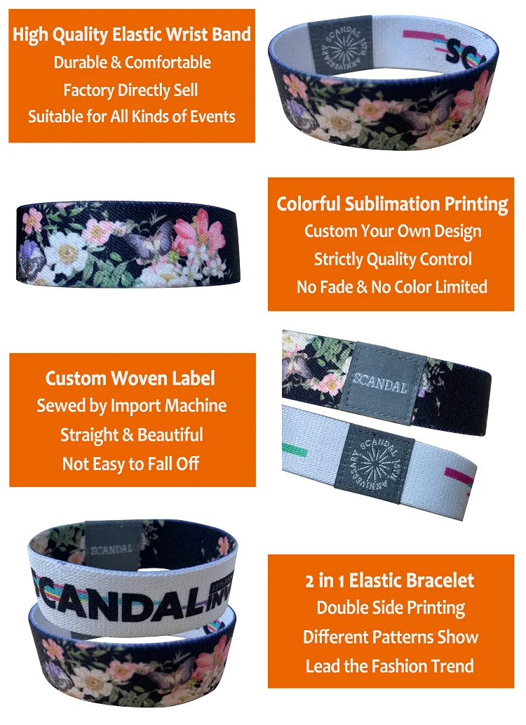 Festival Event Elastic Custom Printed Fabric  Private Label Sport Exercise  Custom Elastic Wristbands