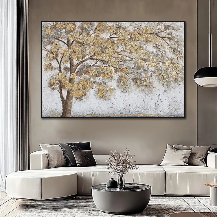 Abstrakte Baum Leinwand Für Wohnzimmer – Handgemalt Mit Goldakzent – Stilvolle Wandkunst Naturmotiv