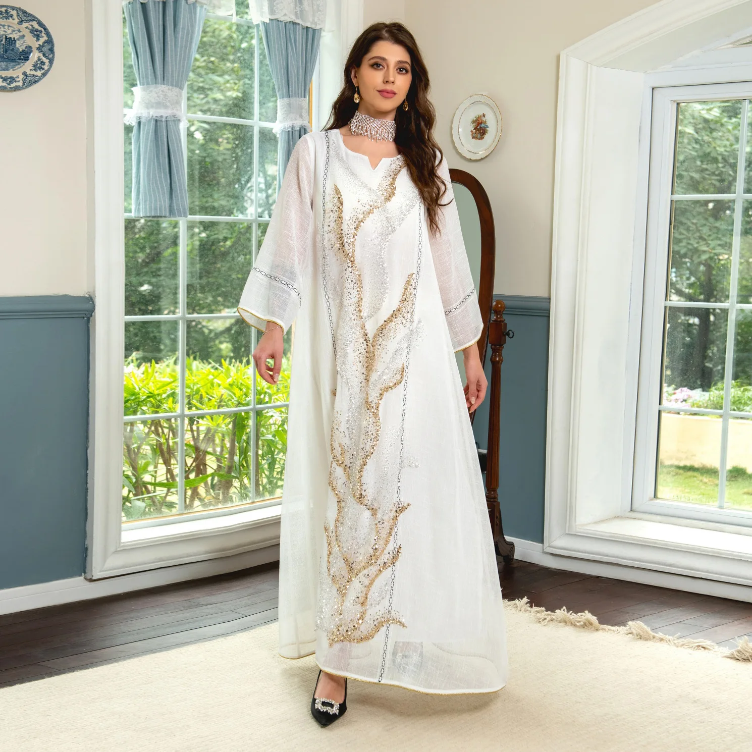 Kaftan White Polyester Mesh Sequin Embroidered Muslim Dress Elegant Luxury Robe for Ramadan Autumn Season Dubai Saudi Kaftan White Polyester Mesh Sequin Embroidered Muslim Dress Elegant Luxury Robe for Ramadan Autumn Season Dubai Saudi