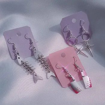 Punk Diablo Gothic Stainless Steel Cross Fish Bones Simulation Blade Drop Earrings Female Piercing Jewelry Wholesale