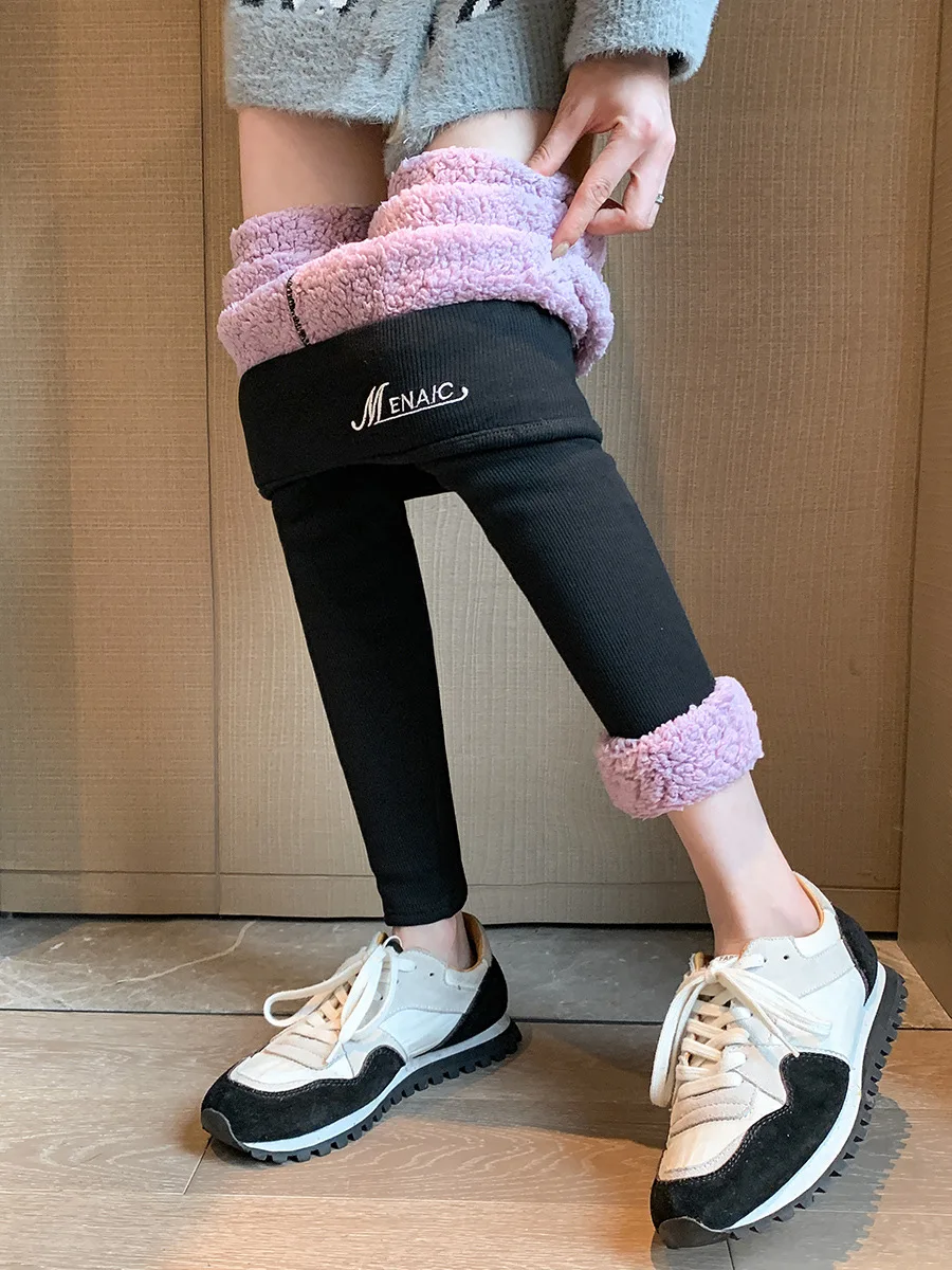 KTS366 OEM Custom High Waist Winter Leggings Pants Embroidery Word Cloud Velvet Fleece Lined Women Thermal Pantyhose / Tights