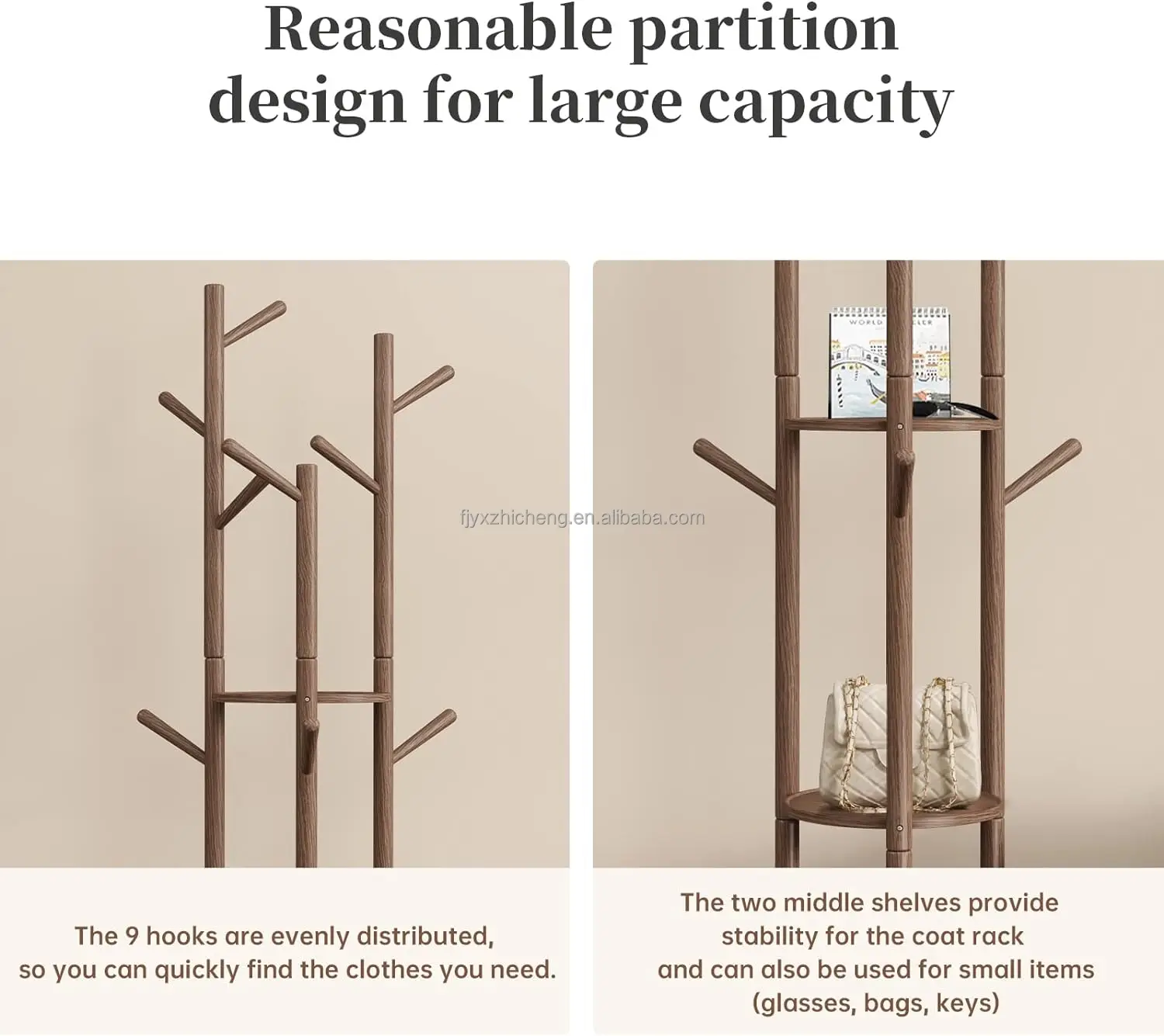 product coat rack solid wood rotary coat rack stand freestanding coat rack with 3 shelves and 9 hooks-5