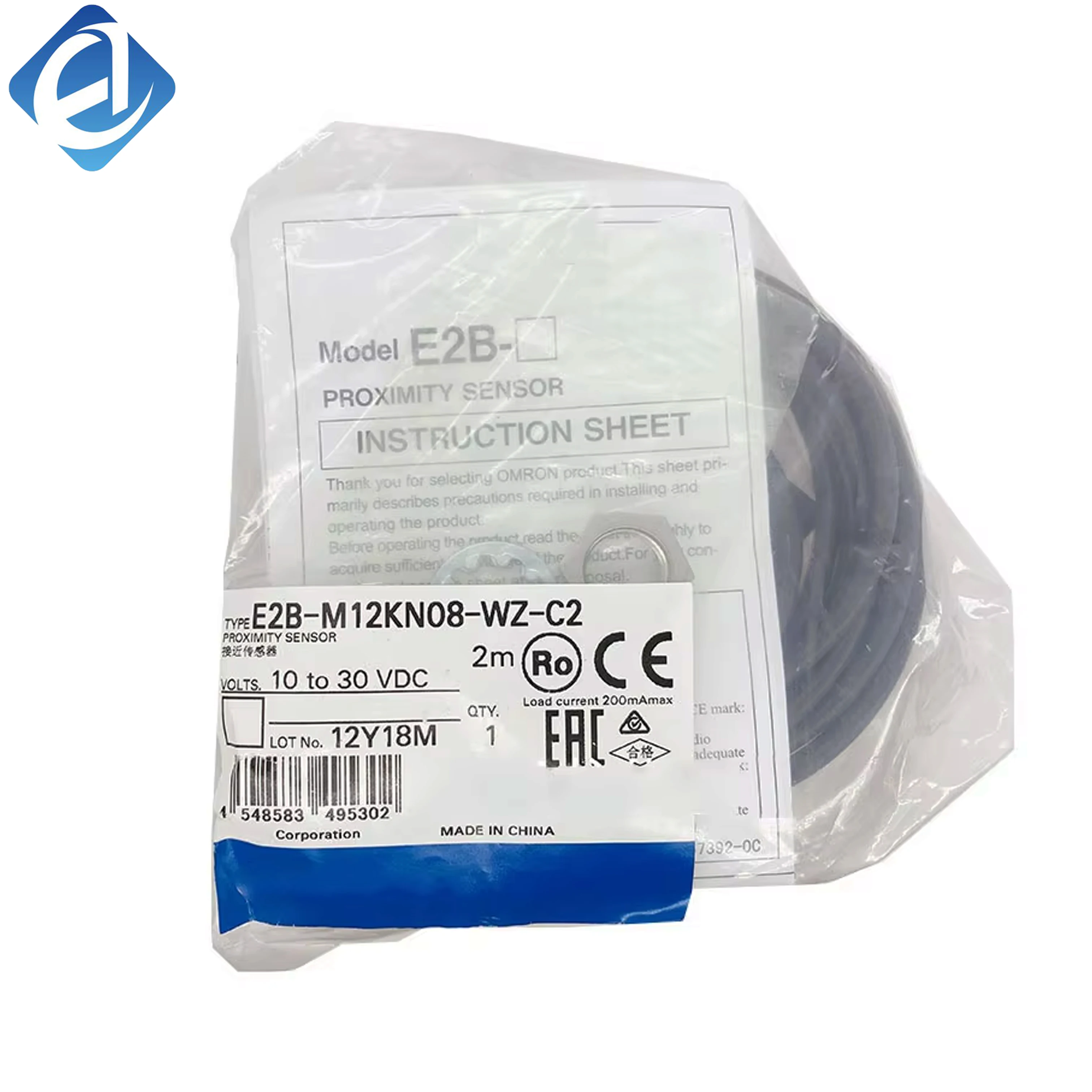 New Original Omron E2B series inductive proximity sensor. M12 size, 8mm sensing distance, NPN NC output, 12–24V DC, IP67 protection, stable and durable. Suitable for metal object detection, positioning and counting in automated assembly lines, packaging a