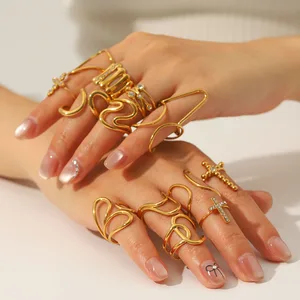 MW Women's Trendy Oval Cross Ring Set Gold-color Plating Zircon and Stainless Steel Minimalist White Adjustable Zircon Rings