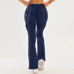 High-Waisted Solid Elastic Waist Pocket Yoga Pants Cargo Flared Sports Women's Slim Fit Butt-Lifting Peach Butt