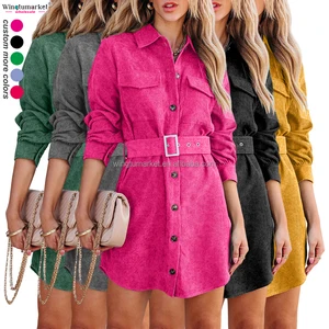 Wholesale Ladies New Autumn Shirt Dress Long Sleeve Button Pockets Belt Waist Corduroy Lady Elegant Casual Women Dresses