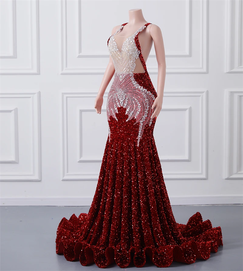 Luxury Sleeveless Sequin V-neck Trumpet Prom Dress Oem