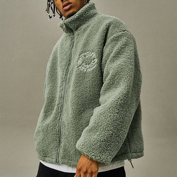 Custom Stand Collar Men's Embroidery Zip Up Sherpa Fleece Jacket_voghion.com