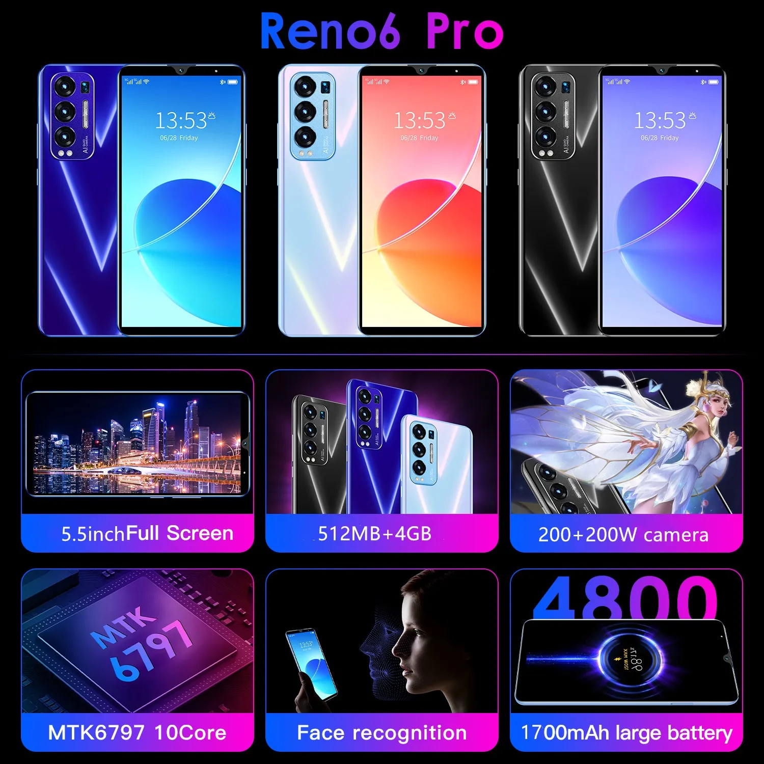 Wholesale Reno6 Pro 5.5inch mobile phone 512MB+4GB  smartphone Face unlock Gaming cellphone