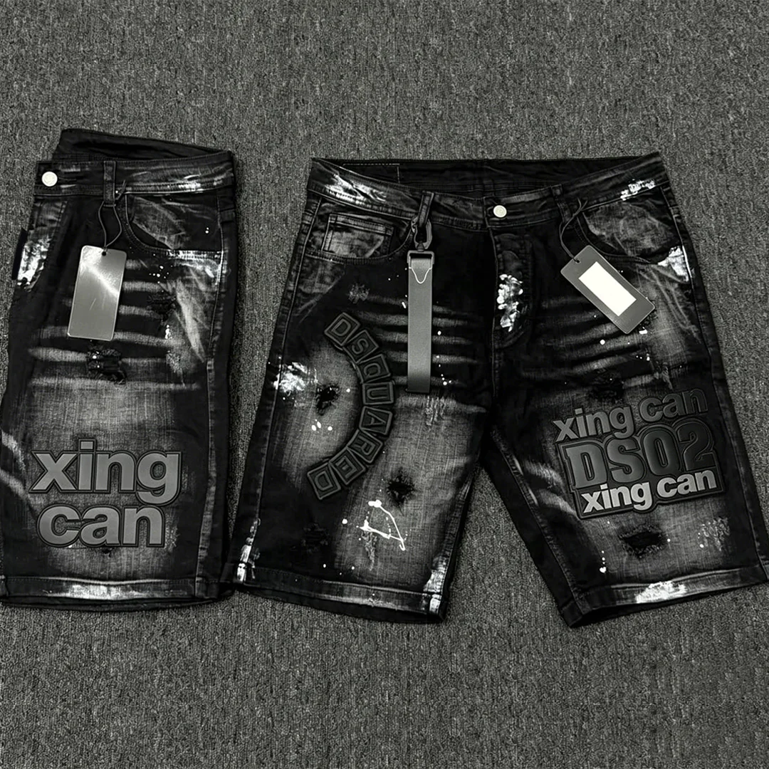 Street-retro-vasket herreshorts med DTG-handmalede print, bomulds-patch-broderi, revne og fraslebenede design – brugerdefinerbar
