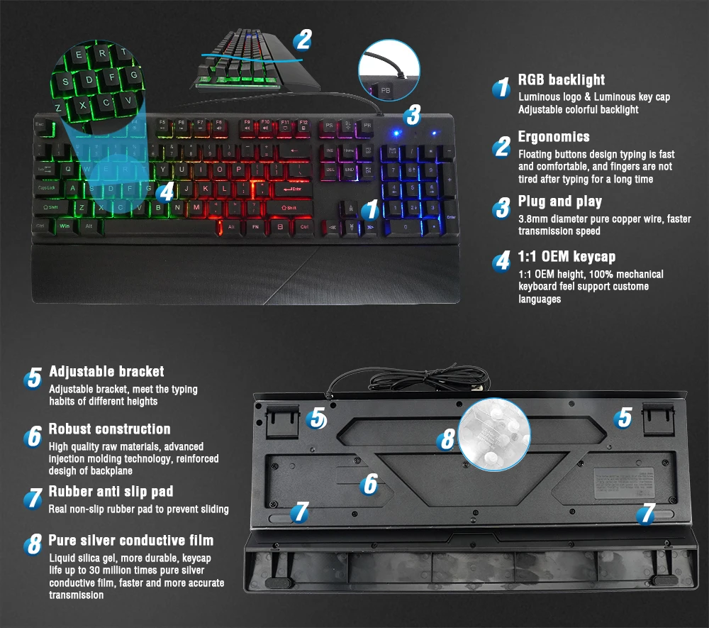 OEM Full Size Key Plug and Play Gaming Keyboard, RGB Backlit 19 Anti-physical Collision Hover Key Cap Wired Design
