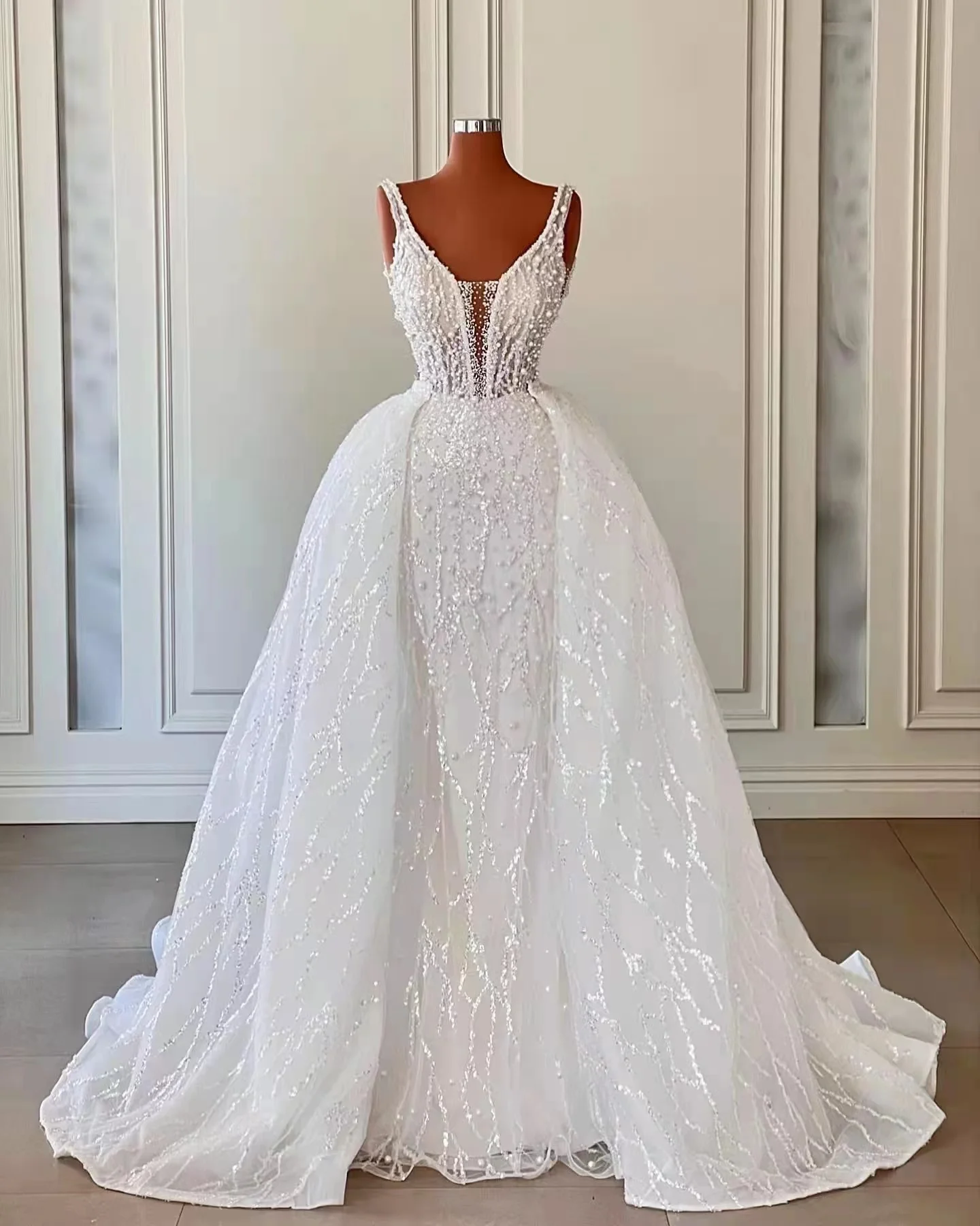 heavily beaded wedding dresses Classic And Elegant Pearl Beaded A line Train Wedding Dress With Sheer Sleeves 38 main image 0