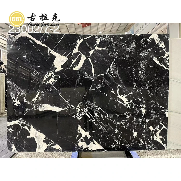 Wall Decoration Tile Polished Stone Marble Black Ice Flower Slab factory