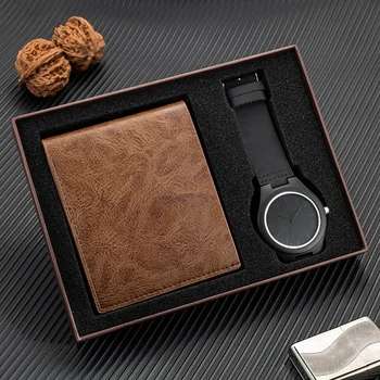 TJW Luxury Men's Quartz Watch 2pc Set Ebony Wood Leather with 45mm Pointer Dial Display for Business Fashion Includes Wallet