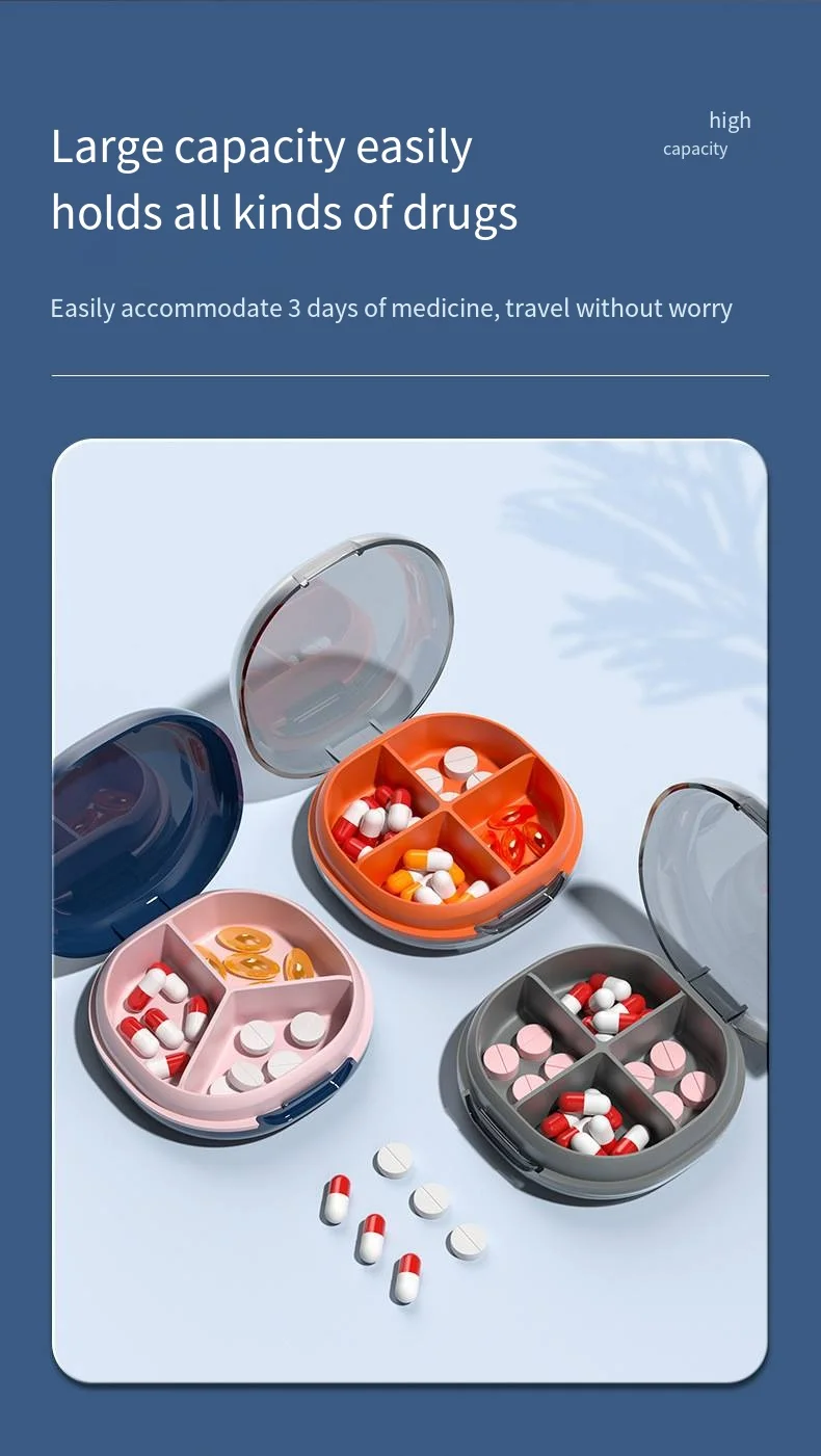 Portable dispenser box Food grade silicone four-compartment drug storage box Travel pill medicine box factory