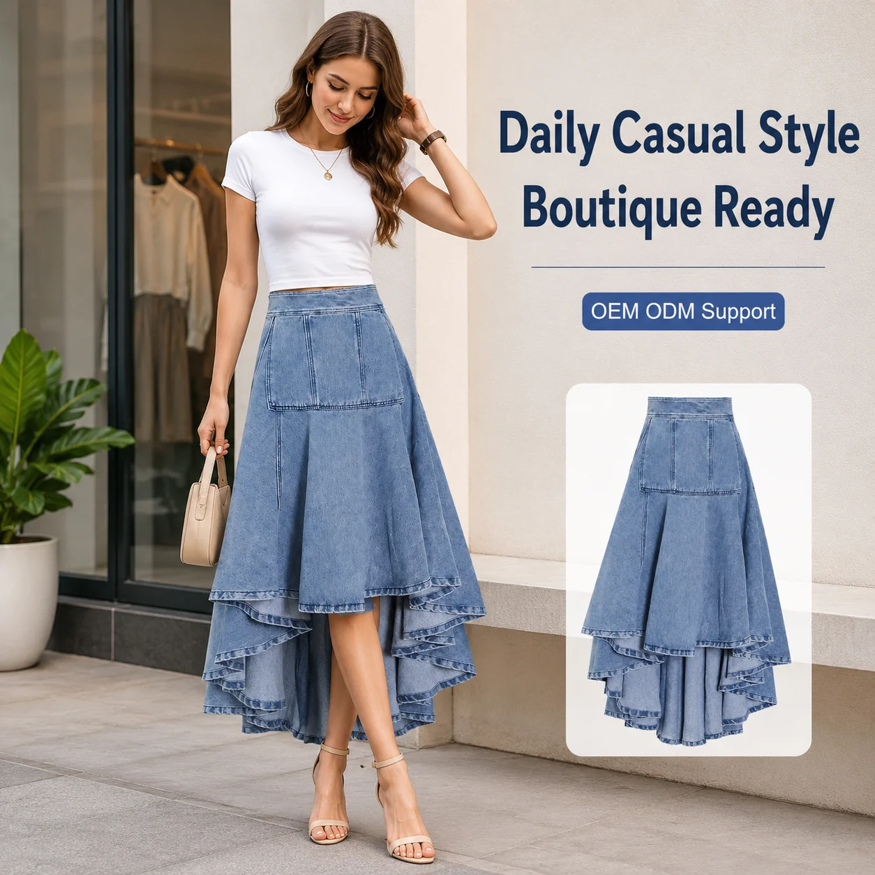 Casual Blue Denim Skinny High Waist Patchwork Ruffles Irregular Loose Leisure Asymmetrical Hem Midi Womens Skirt