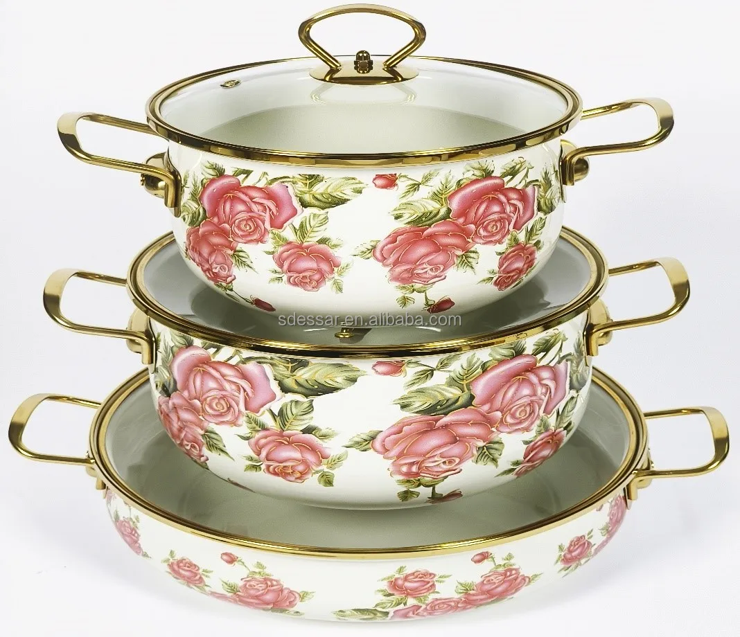 2024 Newest Classic Design Sustainable Color Metal Hard Enamel Cast Iron Houseware Cookware Set Pans Pots Glass Food Use
