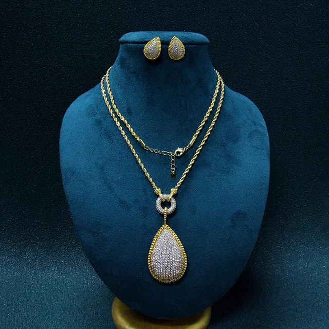 JYS0525 Full Paved Cubic Zircon Pear Earring and Necklace Jewelry Sets for Women