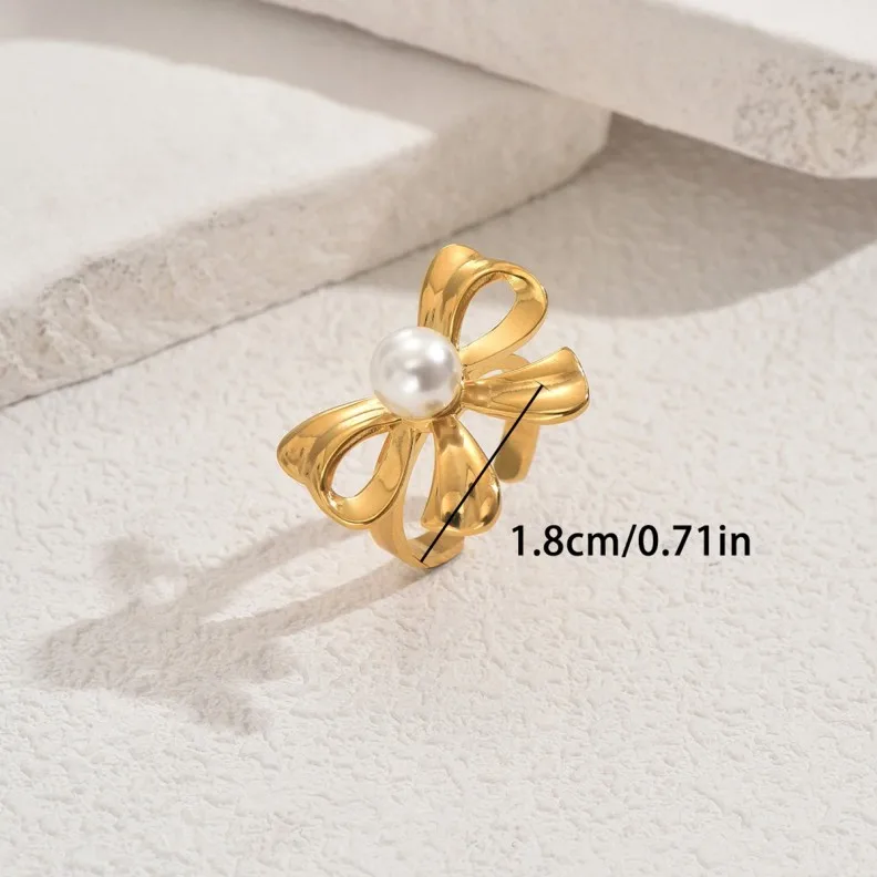 Elegant Simple Personalized Pearl-inlaid Design Adjustable 18k Gold Bow Ring for Pearl Setting Opening Finger Ring