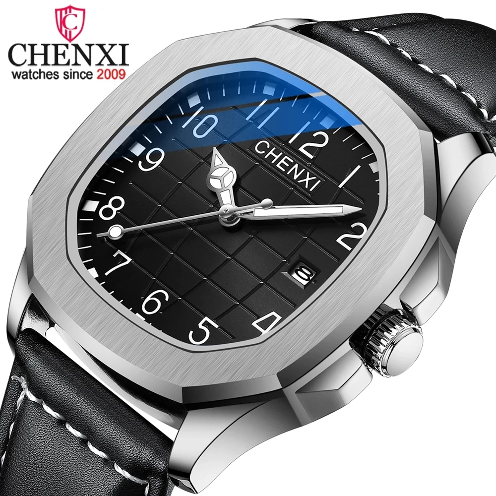 Chenxi時計8213高級シルバーメンズクォーツ時計素敵な本革