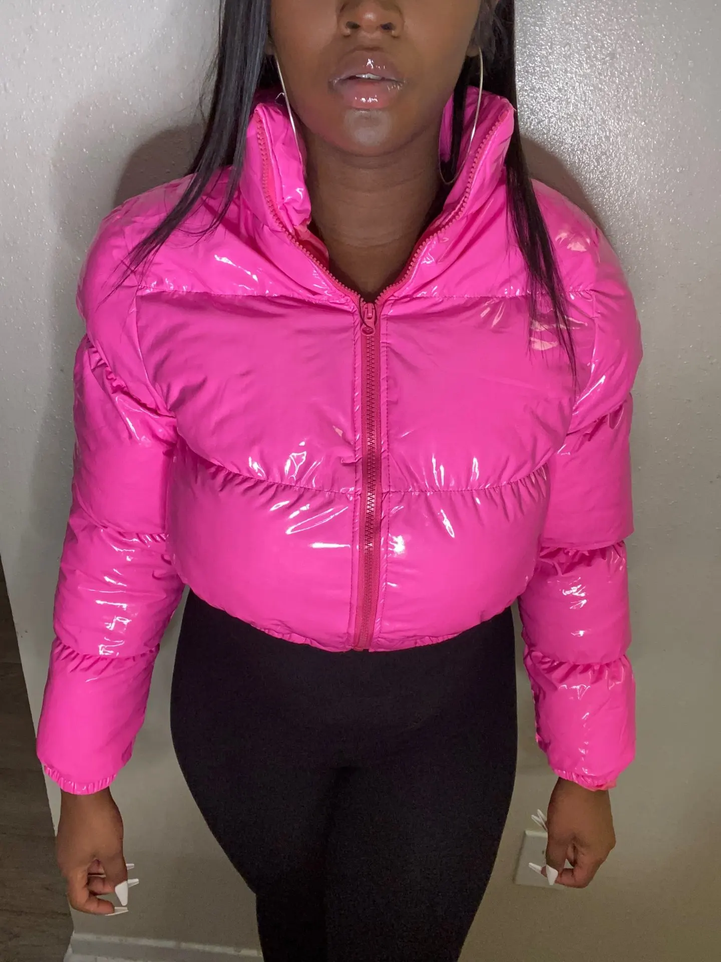 pink latex puffer jacket