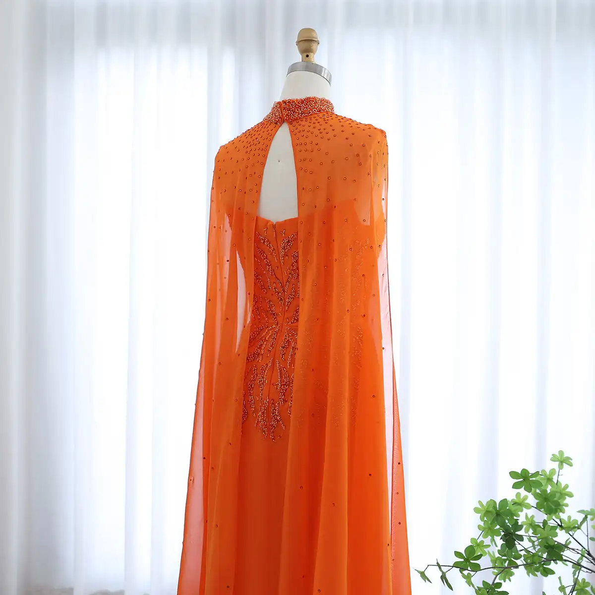Arabic Orange Strapless Evening Dress with Cape Sleeve Women for Wedding  Luxury Dubai Formal Party Gowns LSZ299-1