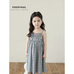 YOEHYAUL X4637 Spaghetti Strap Children's Summer Dresses Artistic Style Casual Girl Plaid Dress for Kids