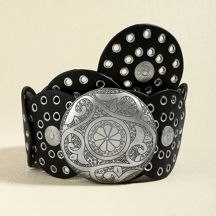 QS Vintage PU Belt Rivet Hollow Out Round Disc Waist Belts Metal Buckle Cowboy Wide for Women