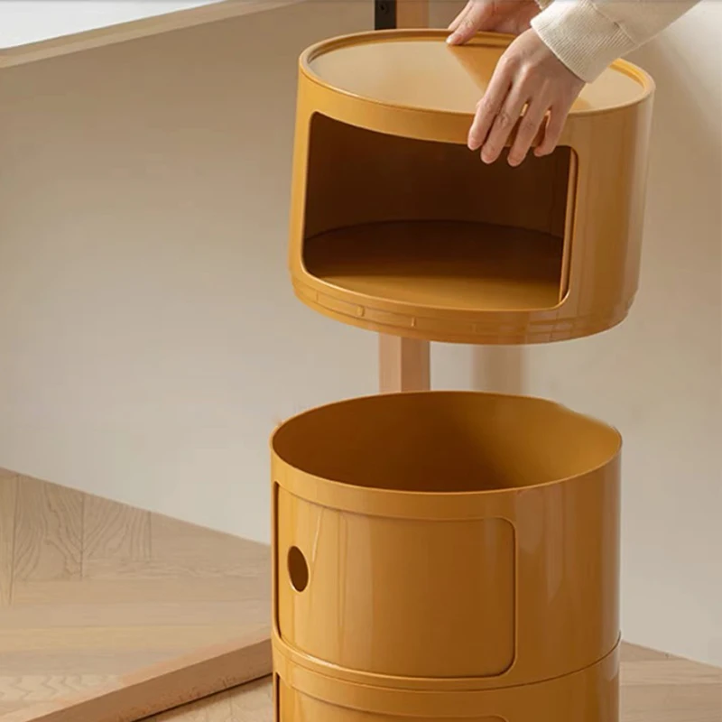 Comodino Rotondo con cassetti, Piccolo Comodino con Contenitore, mobiletto Rotondo con Anta Scorrevole, tavolino Moderno, Comodino in plastica per Soggiorno, Camera da Letto, Bagno