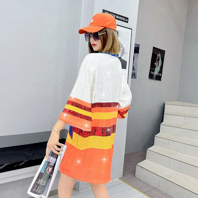 Custom Basketball Team Jersey Party Dresses Sequin Casual Dress Women  Sequins Long T Shirt Dress