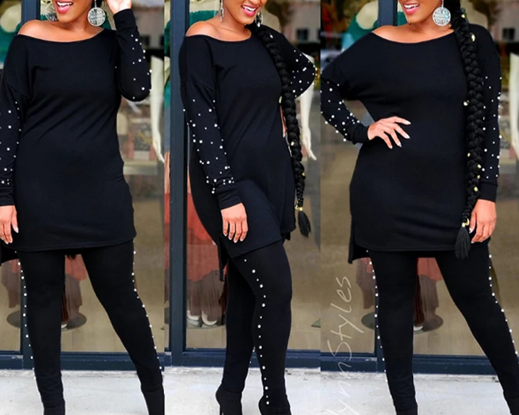 European and American Fashion Bubble Beads Casual Loose One-shoulder Plus Size Women's Two-piece