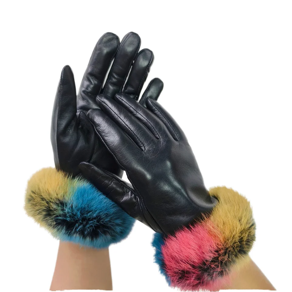 Высококачественные модные красочные манжеты из меха кролика бежевые кашемировые трикотажные перчатки овечьей кожи для женщин