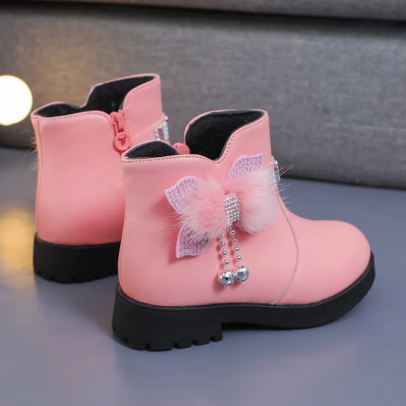 Winter Kids Designer Child Non-Slip Girls Kids Winter Boots Bow Soft Sole Thickened Thermal Pu Leather Kids Boots Girls