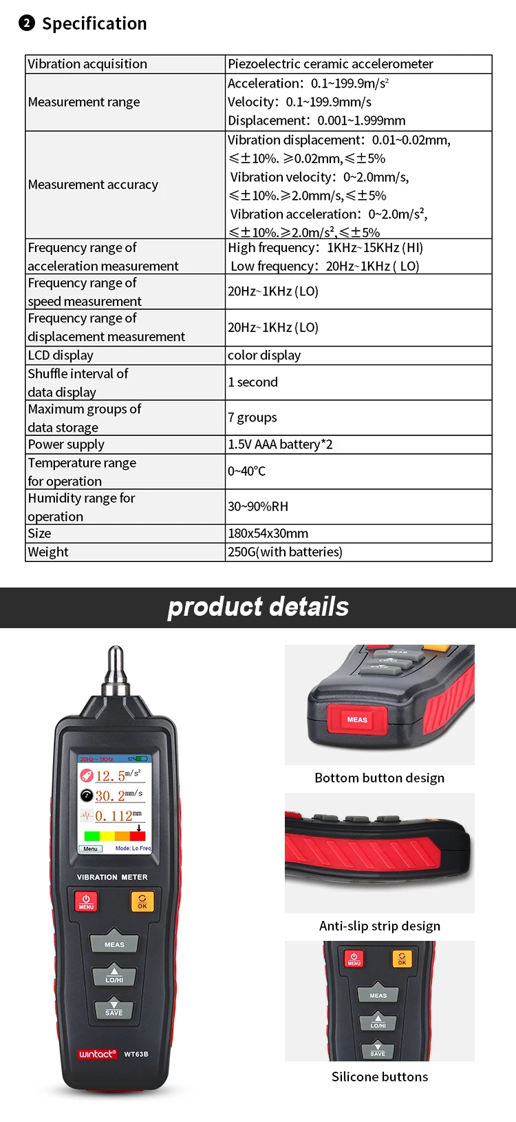Wt63b Tester Vibration Meter Industrial Digital Vibration Meter Device