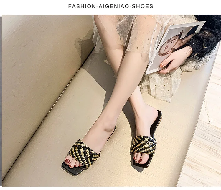 Sandals Slippers Women Flat Gold Braided Tape Slip On Slides Women ...