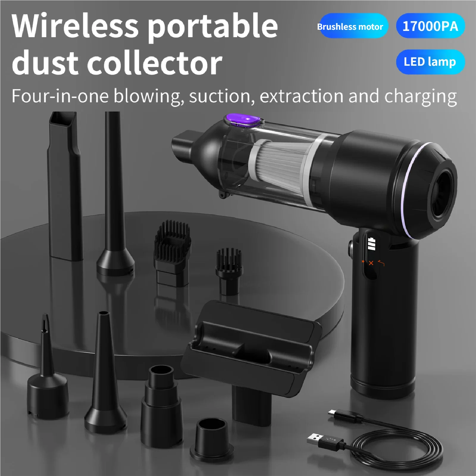 Handheld Car Vacuum Cleaner with 17000Pa Brushless Motor ABS Material LED Display 3 Nozzles Battery-Powered Wireless Design - view 5