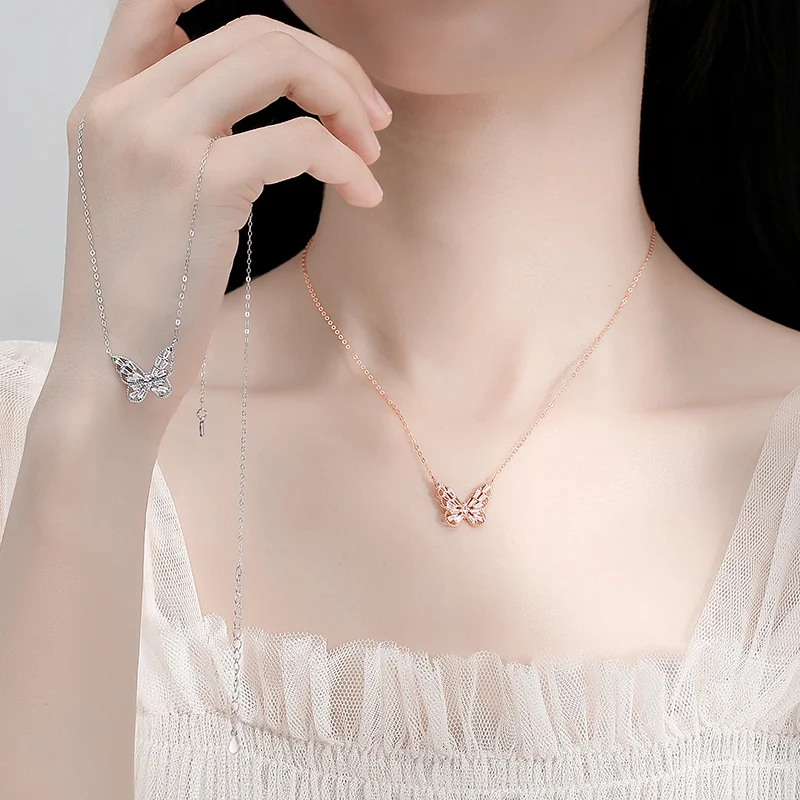 Wholesale necklaces women jewelry 925 sterling silver rose gold plated dainty crystal butterfly necklace