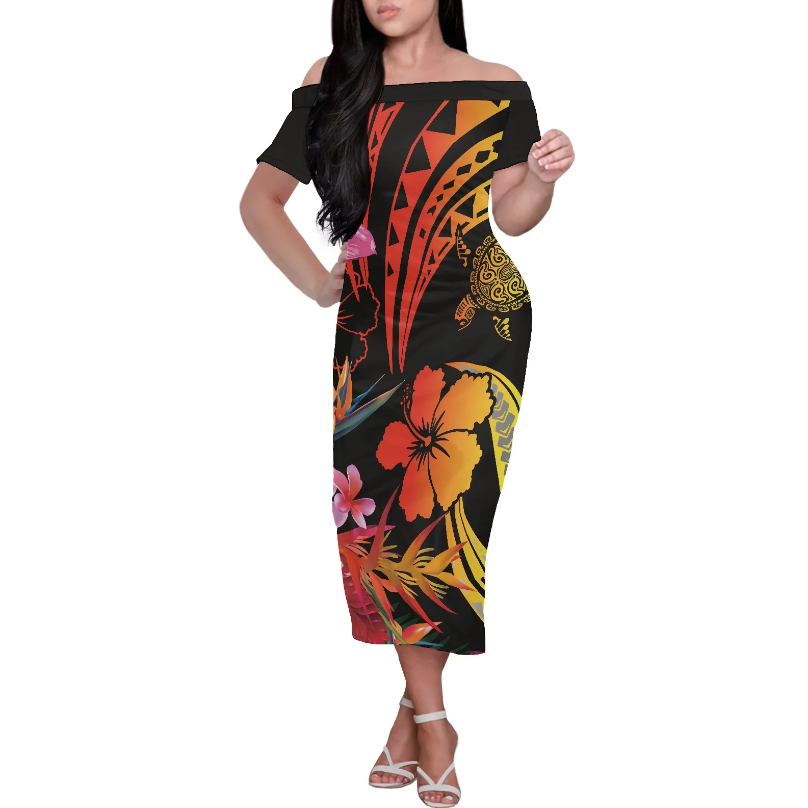 Polynesian store Style Samoa Hawaiian Tribal Flower Design Off Shoulder Bodycon Shawl Dress