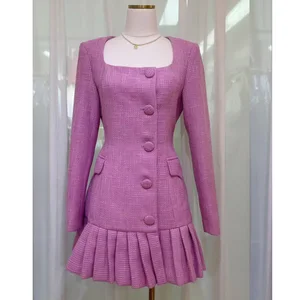 Factory Wholesale Design Fashion Vintage Tweed Dress Women Long Sleeve Square Collar Single-breasted Autumn Winter Ruffles Mini