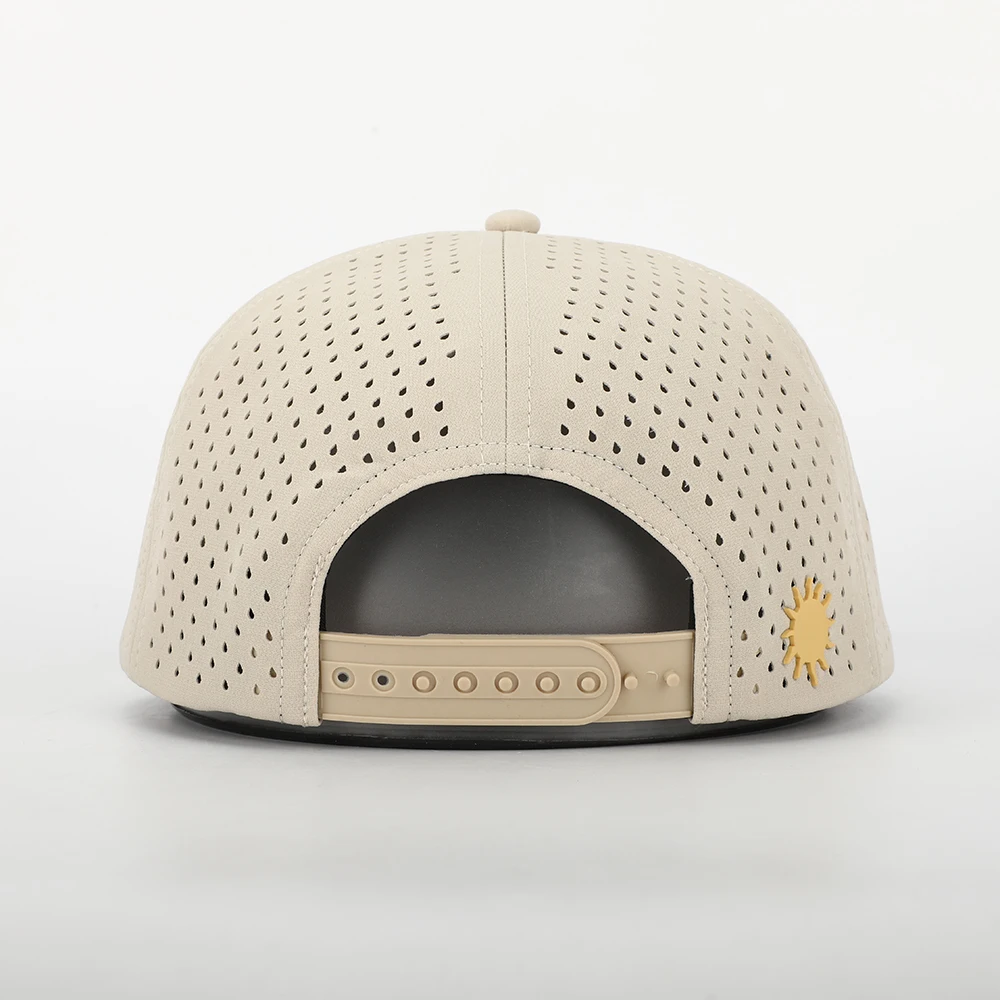 BSCI Oem Custom Logo 5 Panel Nylon Rope Snapback Cap,Flat Bill Unstructured Gorras,Waterproof Laser Cut Hole Perforated Hat
