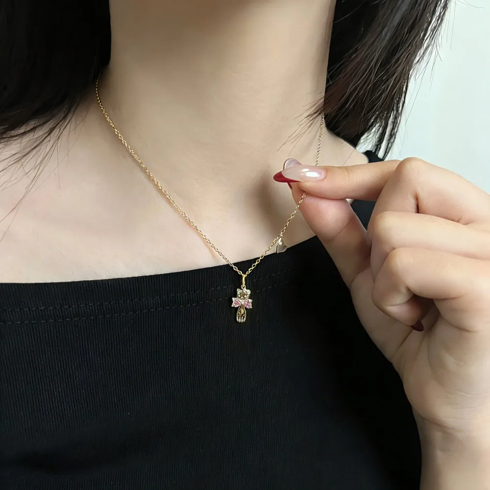 KAKODIY Small Cute Design Fashion Fine Jewelry 925 Sterling Silver Chain 5A Cubic Zirconia Bow Cat Pendant Necklace (For Women) detail 4