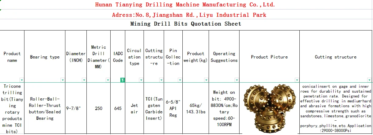 9 7/8inch 250mm IADC645 Tricone Drill Bit and Three Cone Head with Sealed Bearing For Stripped Of Open-pit Mine