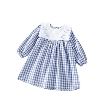 21qz622 2021 spring new arrival blue plaid embroidery square collar infant kids smocked dress baby girls princess boutique